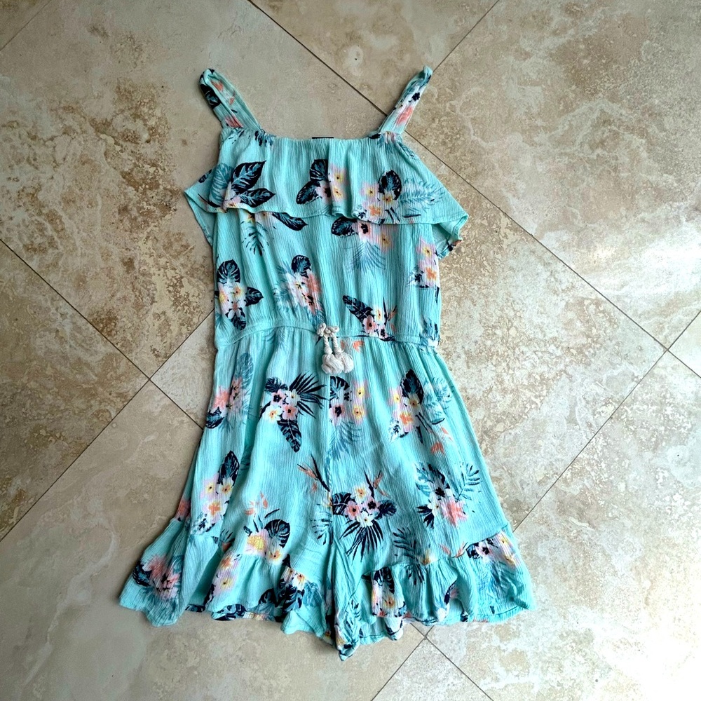 teal color, flowers, romper, L 10/12 kids 🤍